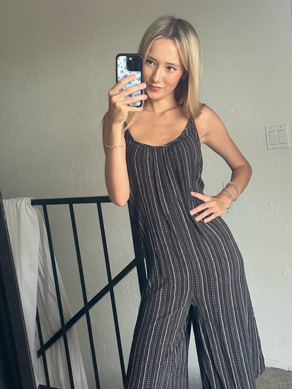 En Creme Black Striped Scoop-Neck Wide-Leg Jumpsuit